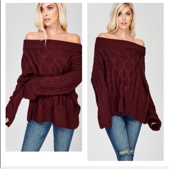 SwankStyles Sweaters - Burgundy Off Shoulder Cable Knit Sweater